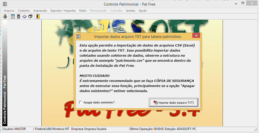 Importação de dados do Excel e arquivo de Texto para o Pat Free 11 Controle Patrimonial Pat Free - Importar dados
